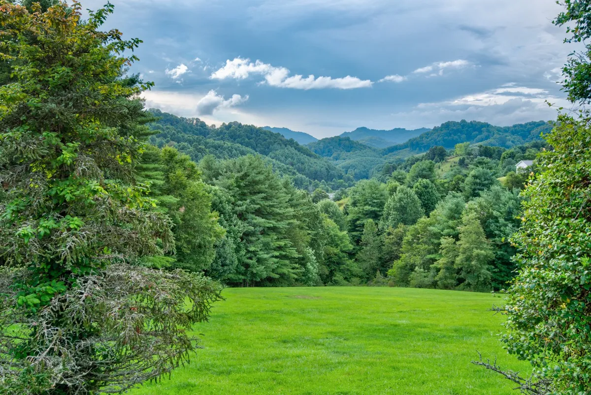 A lush green field with distant mountains under a cloudy sky, creating a serene and expansive natural setting ideal for hiking, picnics, and nature photography. The landscape invites exploration and outdoor adventure in the surrounding region.